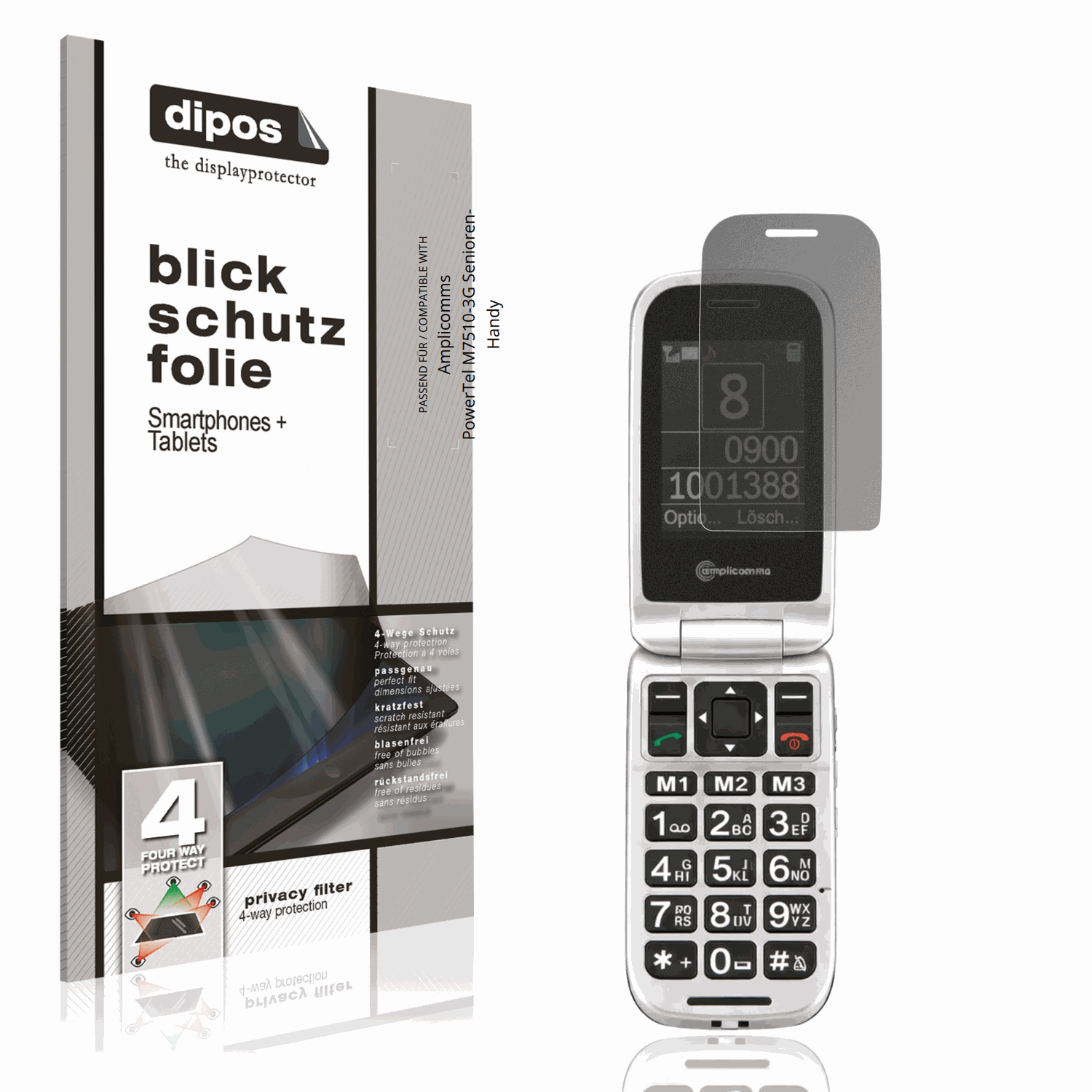 Blickschutzfolie von dipos passend für Amplicomms PowerTel M7510-3G Senioren-Handy, präziser Zuschnitt und blasenfrei montiert