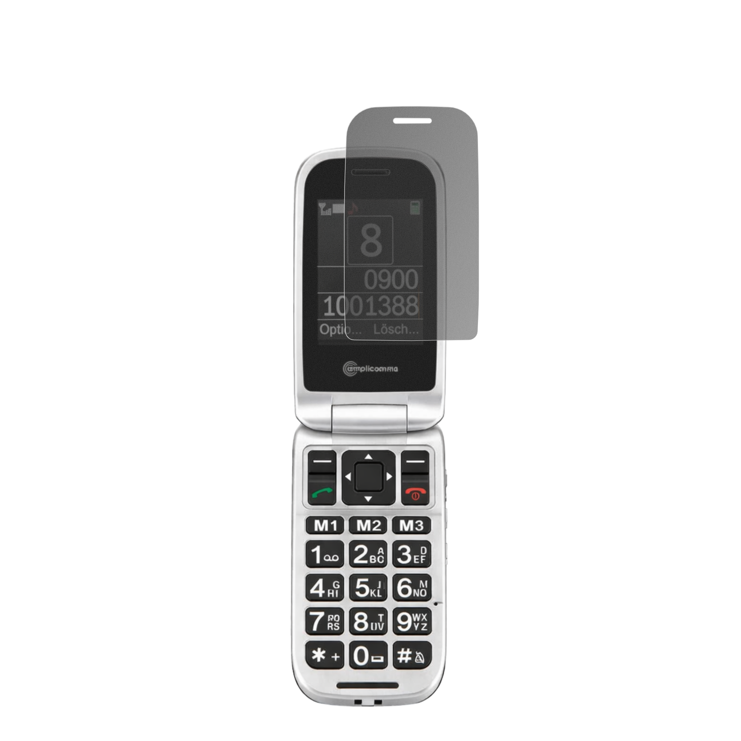 AmplicommsPowerTel M7510-3G Senioren-Handy mit aufgebrachtem dipos Displayschutz, der seitliche Einblicke blockiert