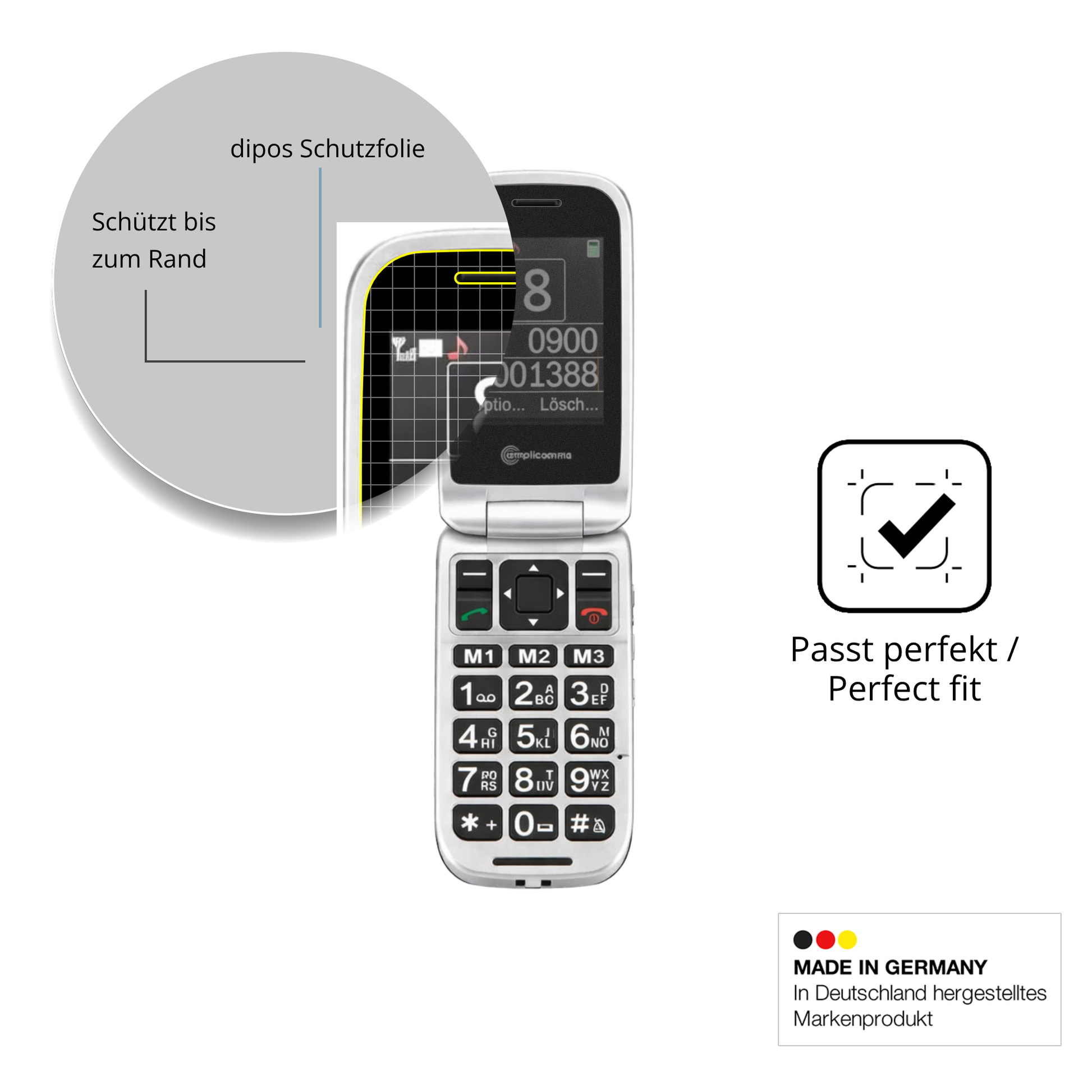 Schutz gegen Kratzer auf dem Amplicomms PowerTel M7510-3G Senioren-Handy Glas durch Schlüssel oder Ähnliches