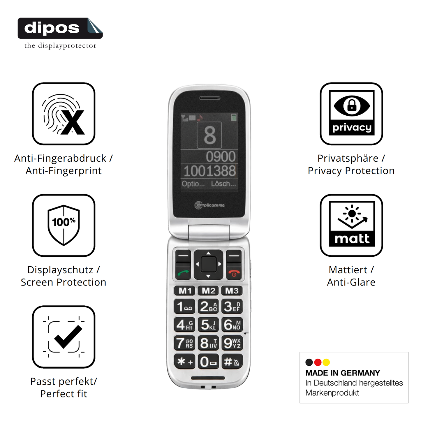 Privatsphäre-Schutz durch Sichtschutz-Folie passend zugeschnitten für Amplicomms PowerTel M7510-3G Senioren-Handy