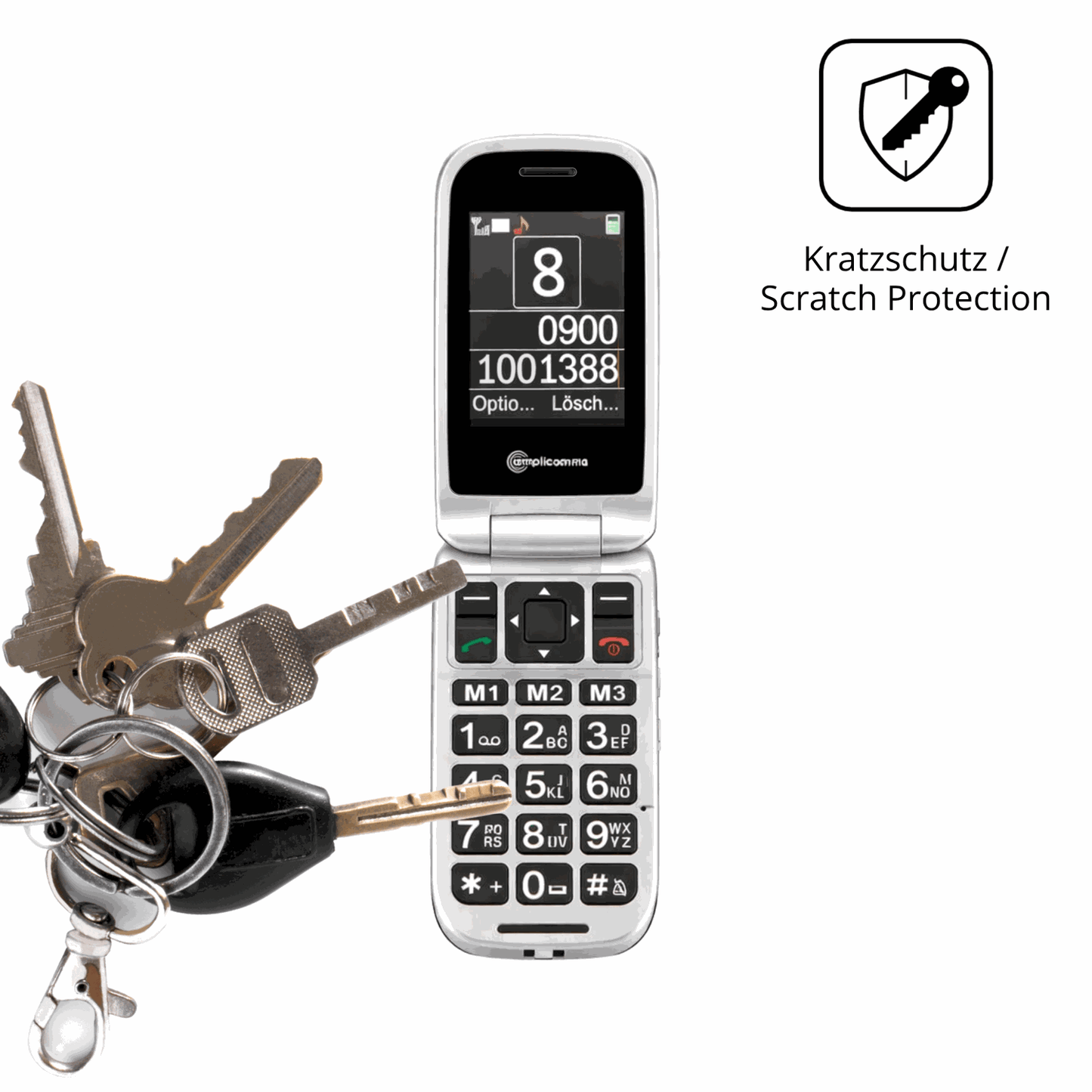 Schutz gegen Kratzer auf dem Amplicomms PowerTel M7510-3G Senioren-Handy Glas durch Schlüssel oder Ähnliches