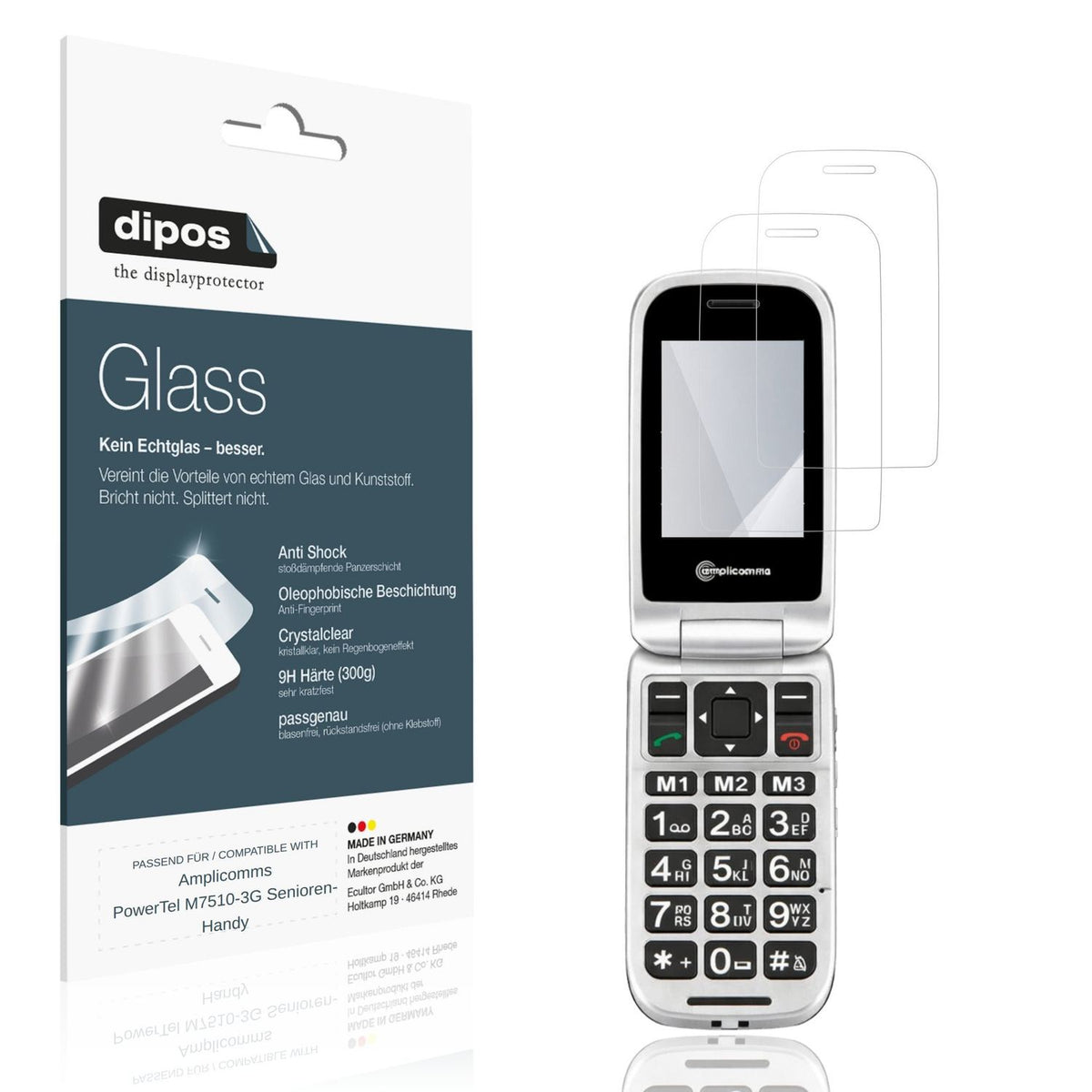 Klare Displayschutzfolie von dipos passend für Amplicomms PowerTel M7510-3G Senioren-Handy, 9H kratzfest und blasenfrei montiert