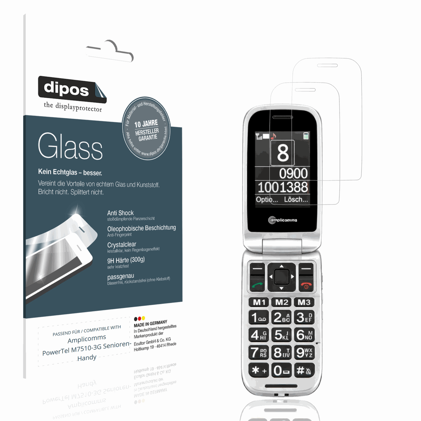Klare Displayschutzfolie von dipos passend für Amplicomms PowerTel M7510-3G Senioren-Handy, 9H kratzfest und blasenfrei montiert