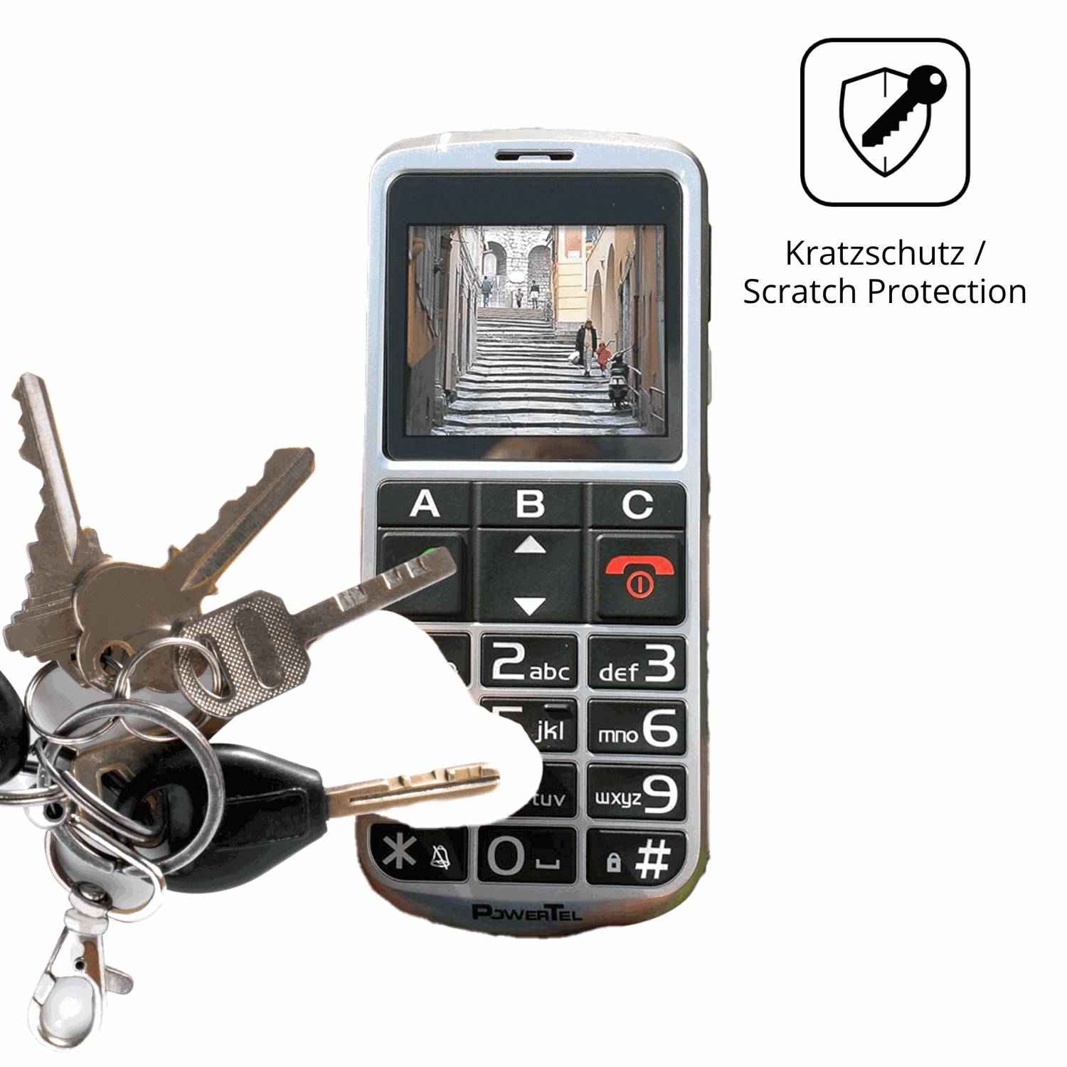 Schutz gegen Kratzer auf dem Amplicomms PowerTel M8000 Senioren-Handy Glas durch Schlüssel oder Ähnliches