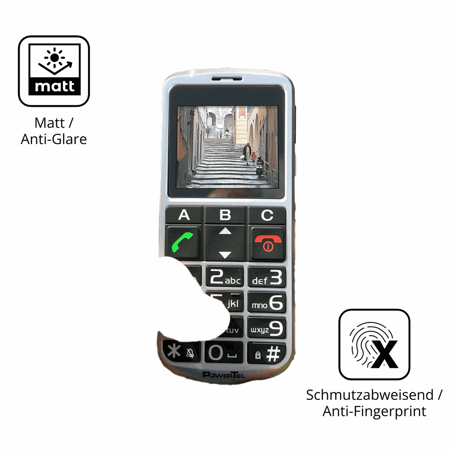Dünne und entspiegelnde Folie passend zugeschnitten für Amplicomms PowerTel M8000 Senioren-Handy