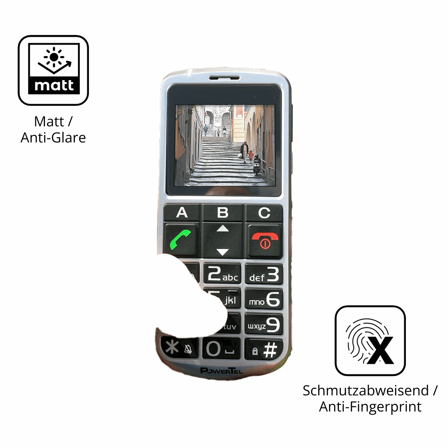 Dünne und entspiegelnde Folie passend zugeschnitten für Amplicomms PowerTel M8000 Senioren-Handy