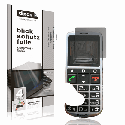 Blickschutzfolie von dipos passend für Amplicomms PowerTel M8000 Senioren-Handy, präziser Zuschnitt und blasenfrei montiert