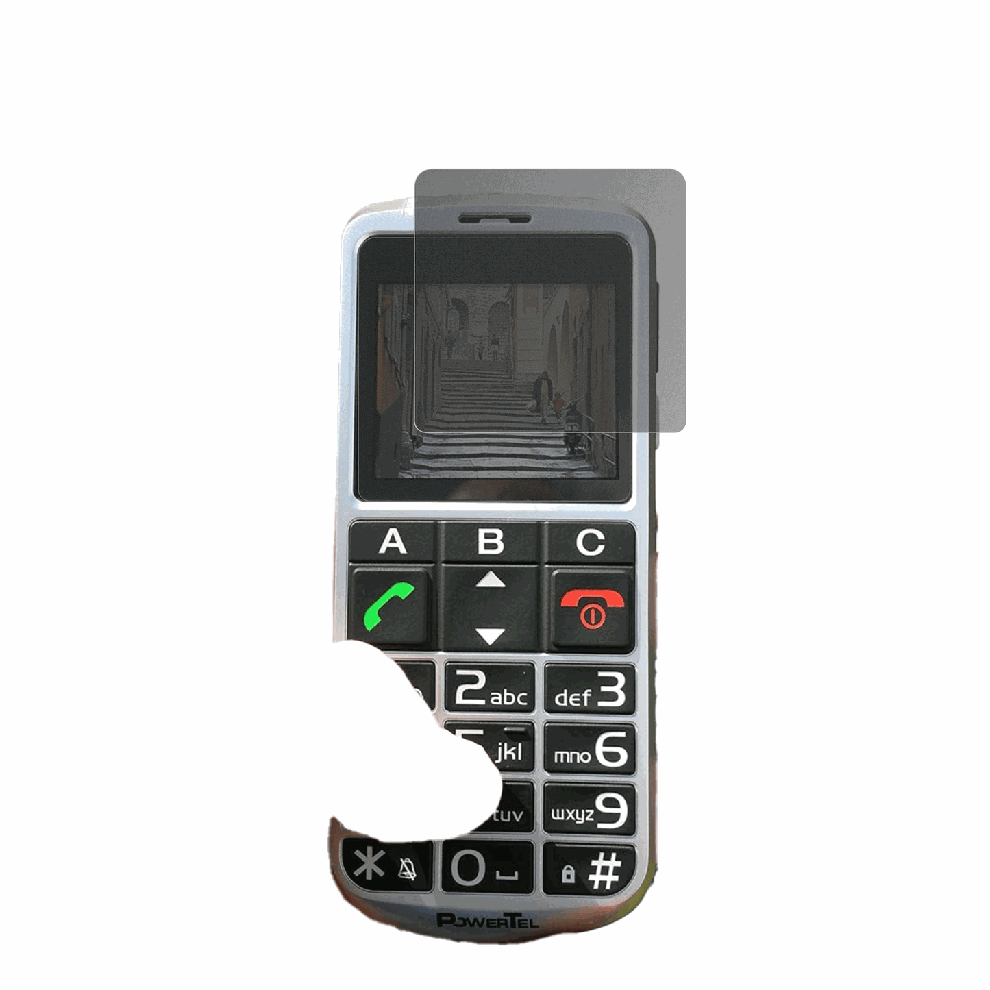 AmplicommsPowerTel M8000 Senioren-Handy mit aufgebrachtem dipos Displayschutz, der seitliche Einblicke blockiert