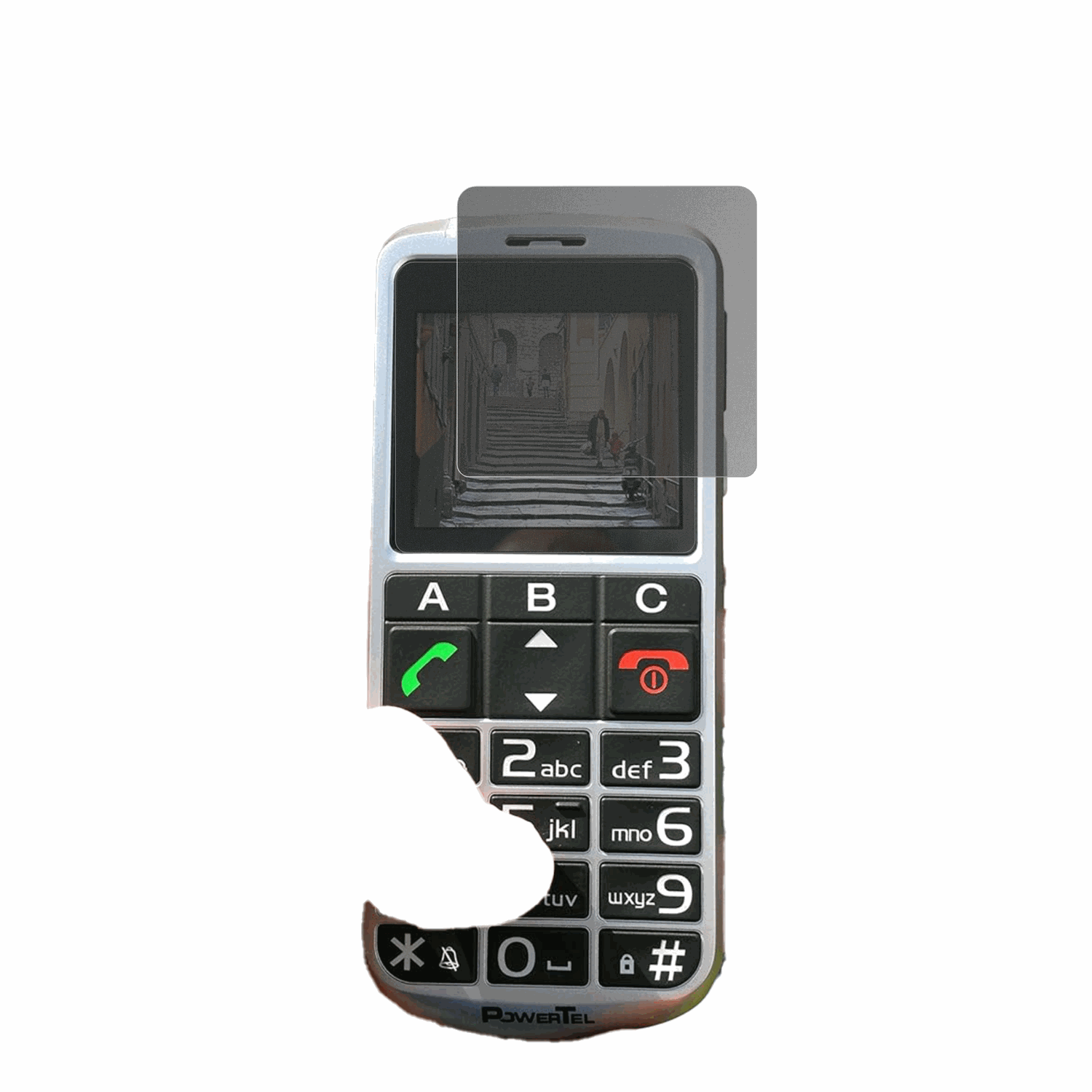 AmplicommsPowerTel M8000 Senioren-Handy mit aufgebrachtem dipos Displayschutz, der seitliche Einblicke blockiert