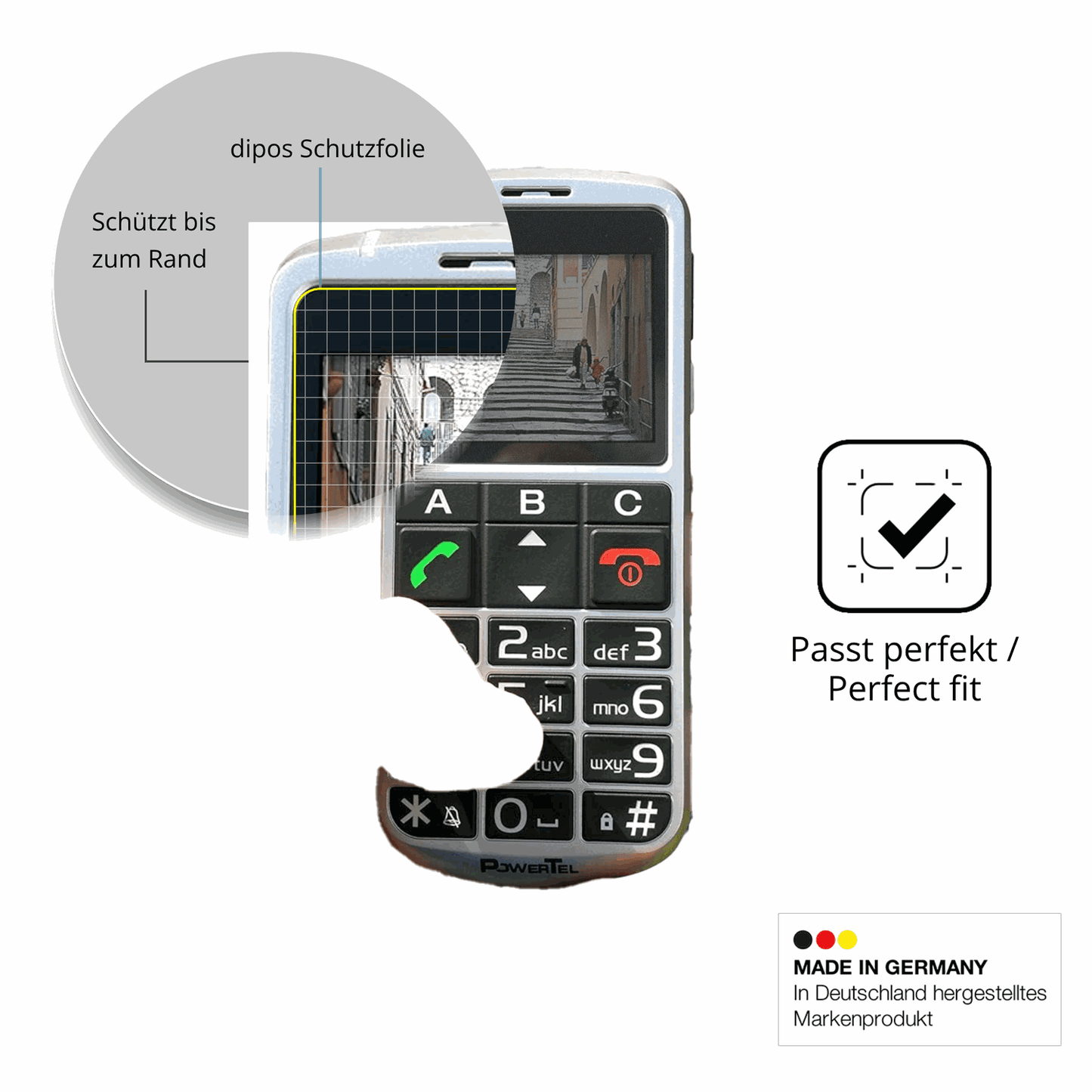 Schutz gegen Kratzer auf dem Amplicomms PowerTel M8000 Senioren-Handy Glas durch Schlüssel oder Ähnliches