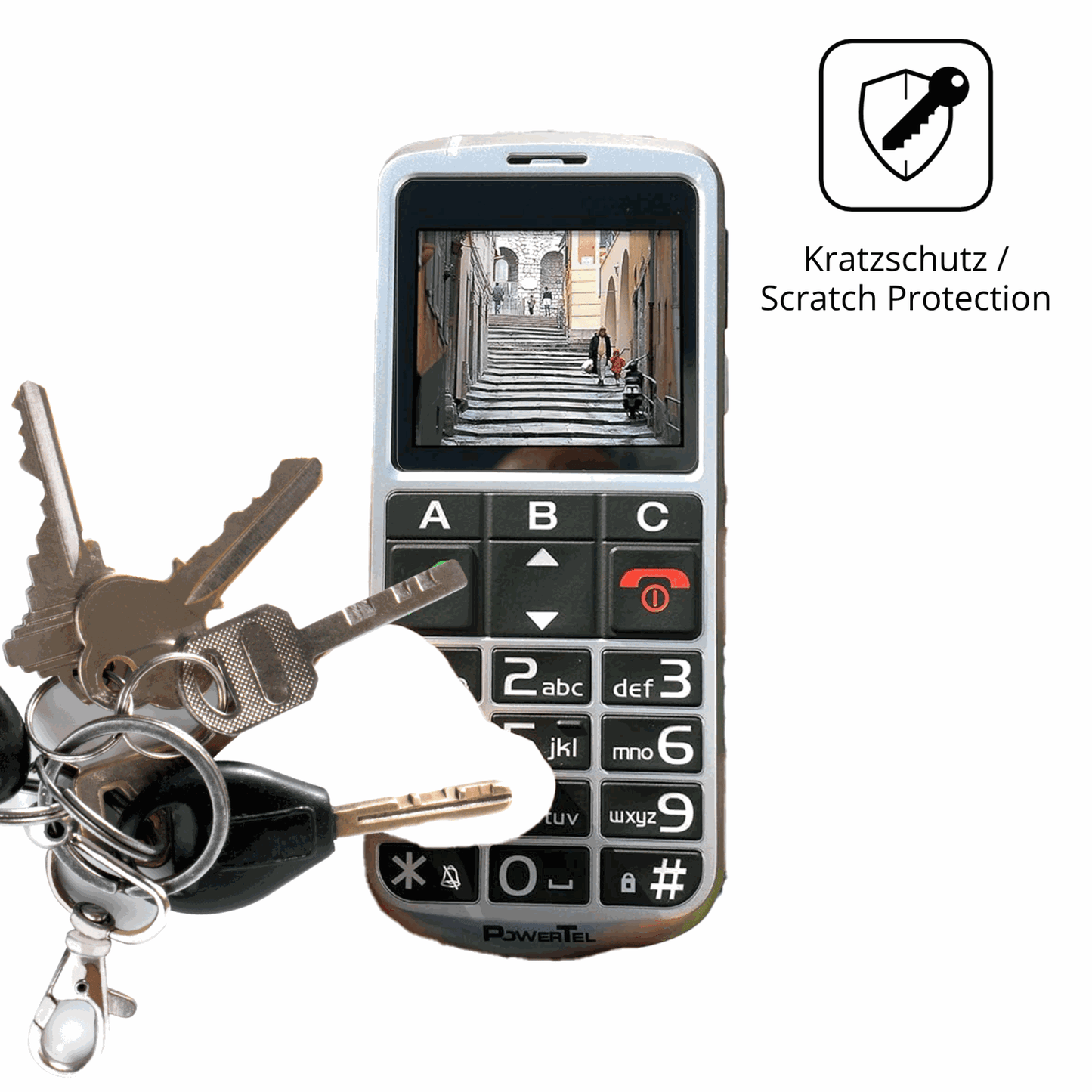Schutz gegen Kratzer auf dem Amplicomms PowerTel M8000 Senioren-Handy Glas durch Schlüssel oder Ähnliches