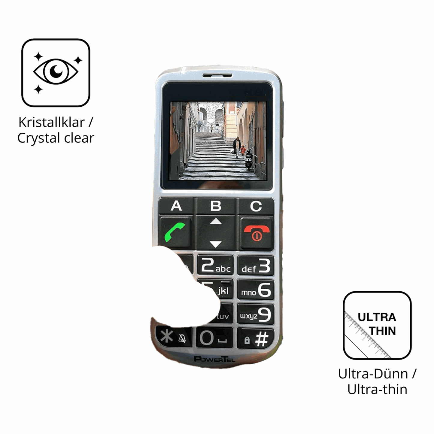 Dünne und klare Folie passend zugeschnitten für Amplicomms PowerTel M8000 Senioren-Handy