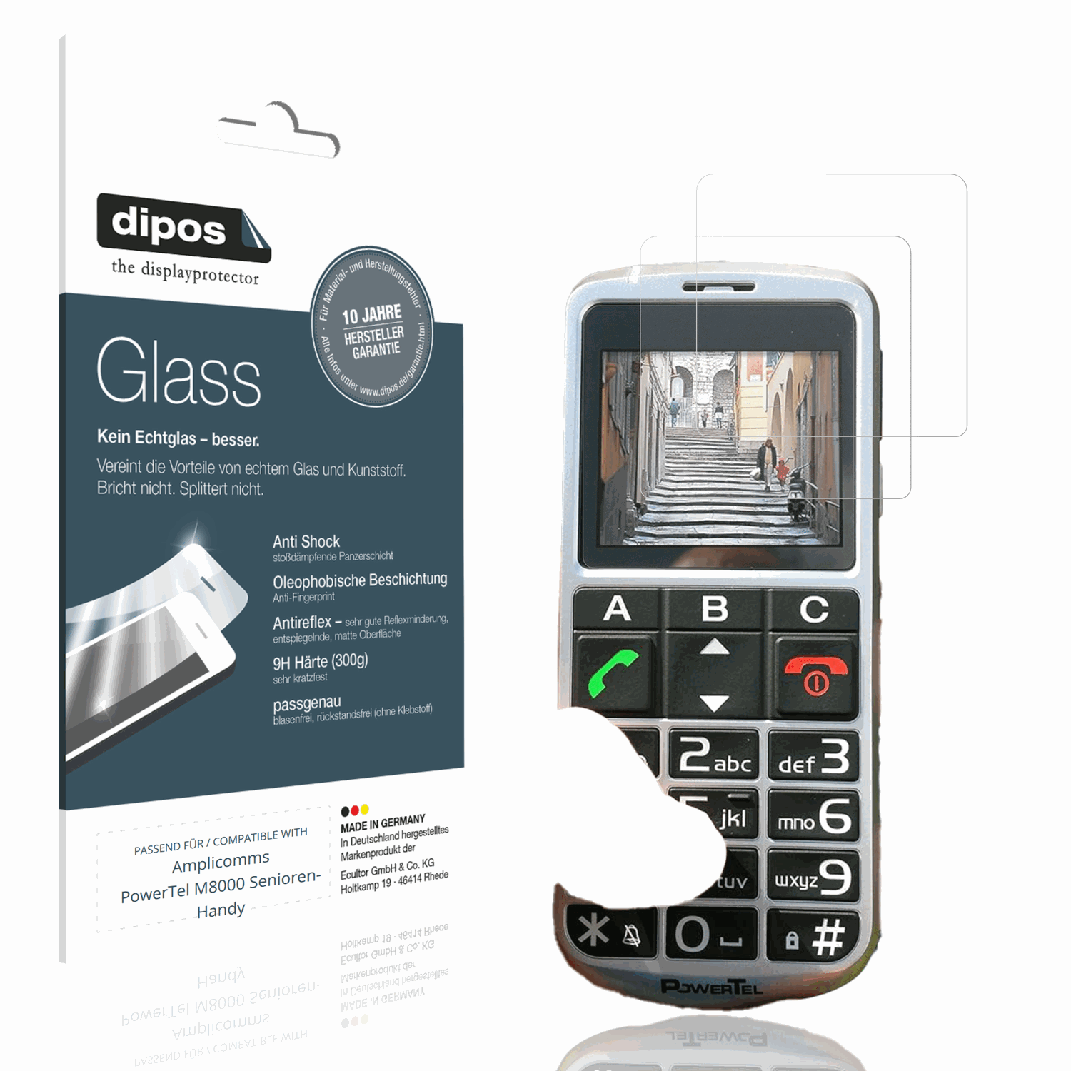 Matte Displayschutzfolie von dipos passend für Amplicomms PowerTel M8000 Senioren-Handy, 9H kratzfest und blasenfrei montiert