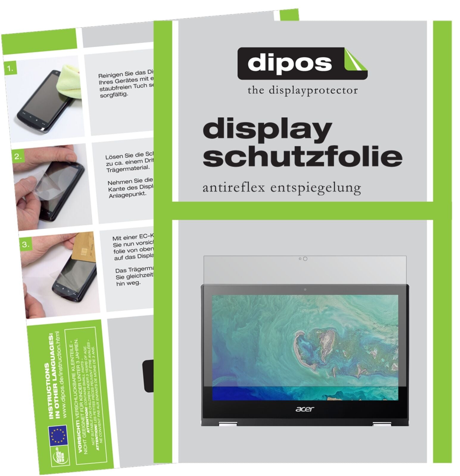 AcerSpin 1 SP111-32N-P1PR mit aufgebrachter dipos Displayschutzfolie, die lästige Fingerabdrücke minimiert