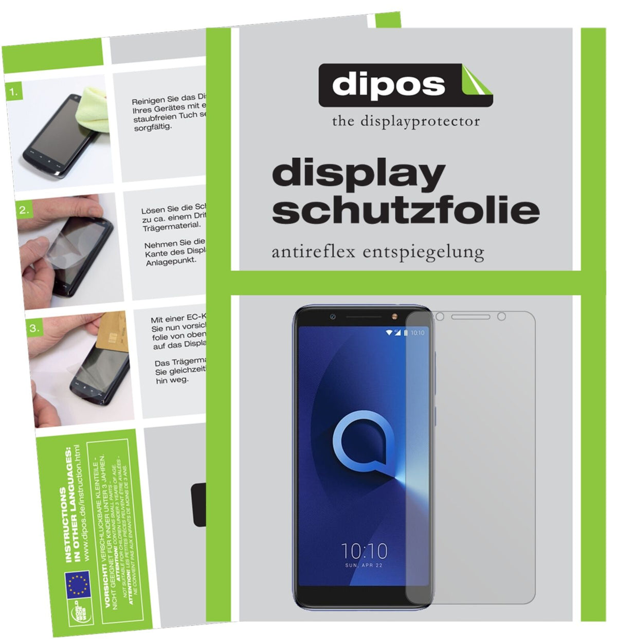 Alcatel3X mit aufgebrachter dipos Displayschutzfolie, die lästige Fingerabdrücke minimiert