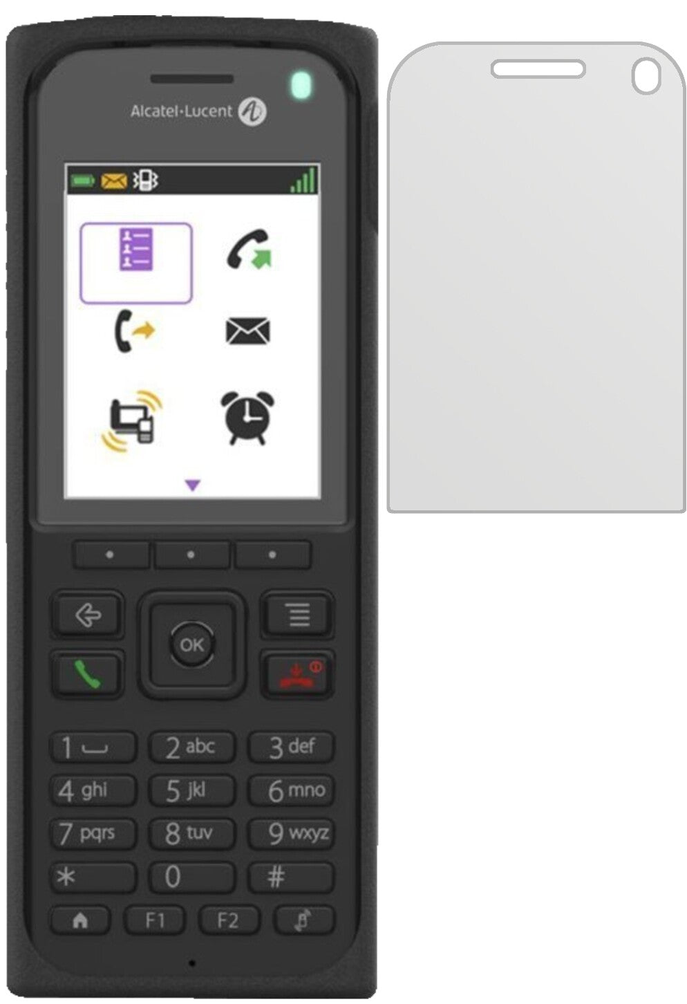 Alcatel8262EX mit aufgebrachter dipos Displayschutzfolie, die lästige Fingerabdrücke minimiert