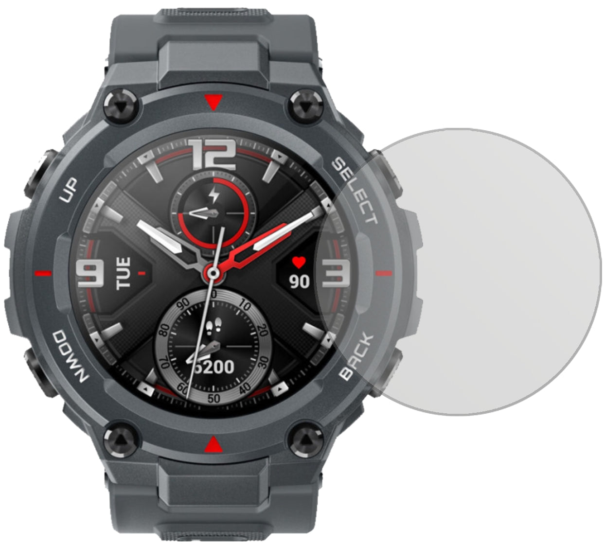 AmazfitT-Rex Smartwatch mit aufgebrachter dipos Displayschutzfolie, die lästige Fingerabdrücke minimiert