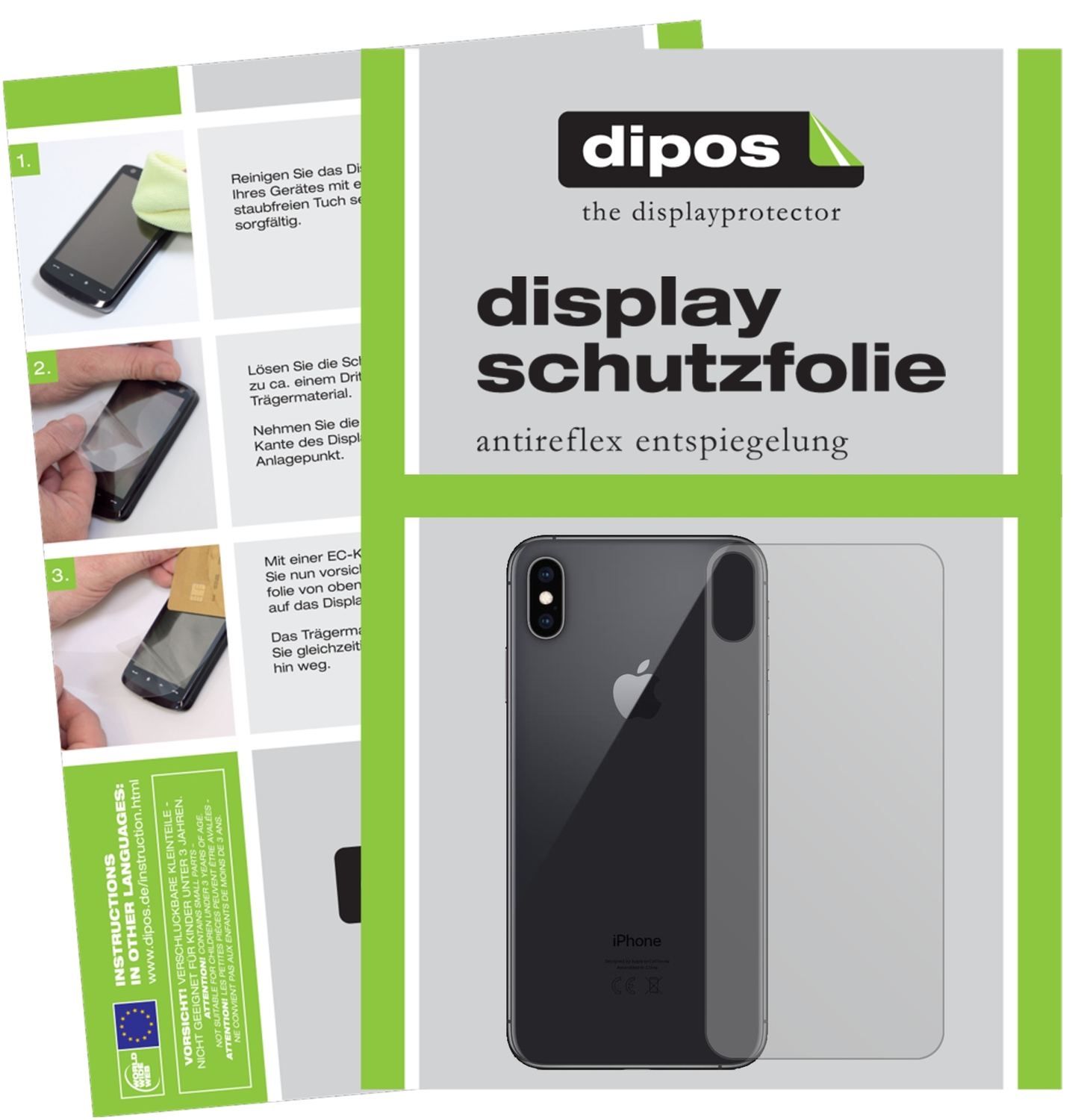 AppleiPhone XS Max Rückseite mit aufgebrachter dipos Displayschutzfolie, die lästige Fingerabdrücke minimiert