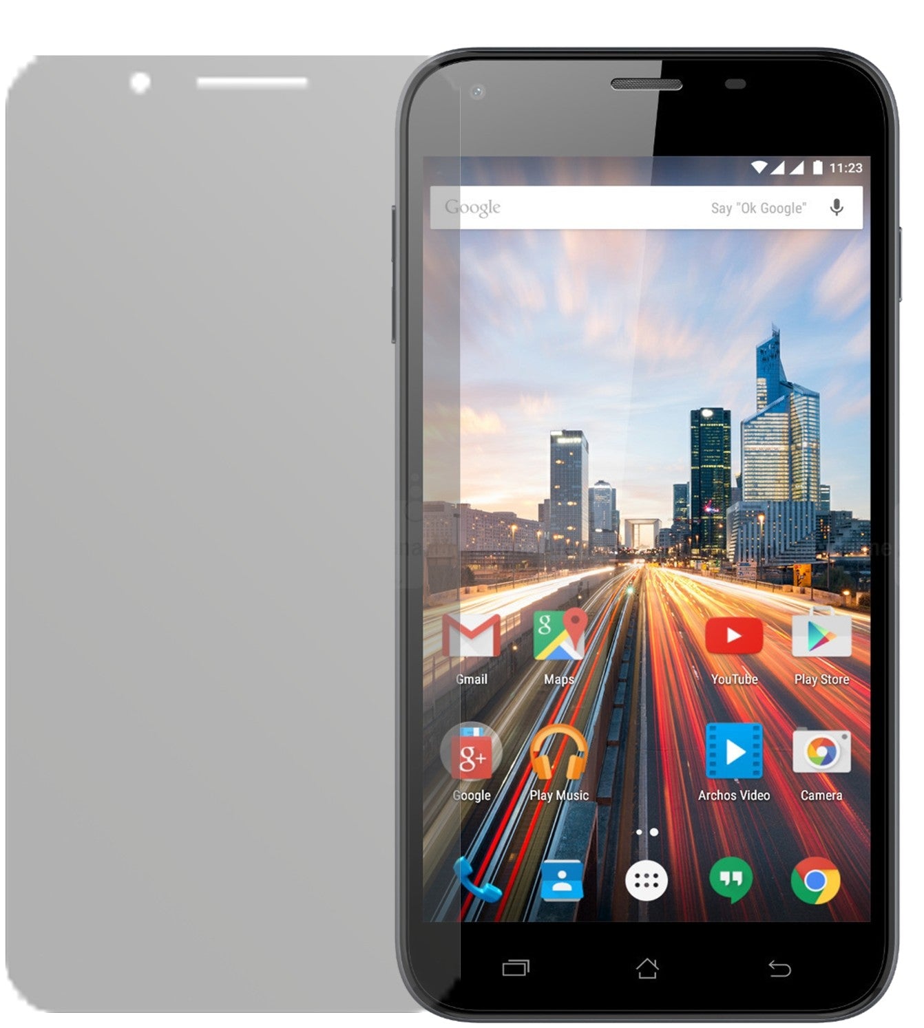 Archos55 Helium Ultra mit aufgebrachter dipos Displayschutzfolie, die lästige Fingerabdrücke minimiert