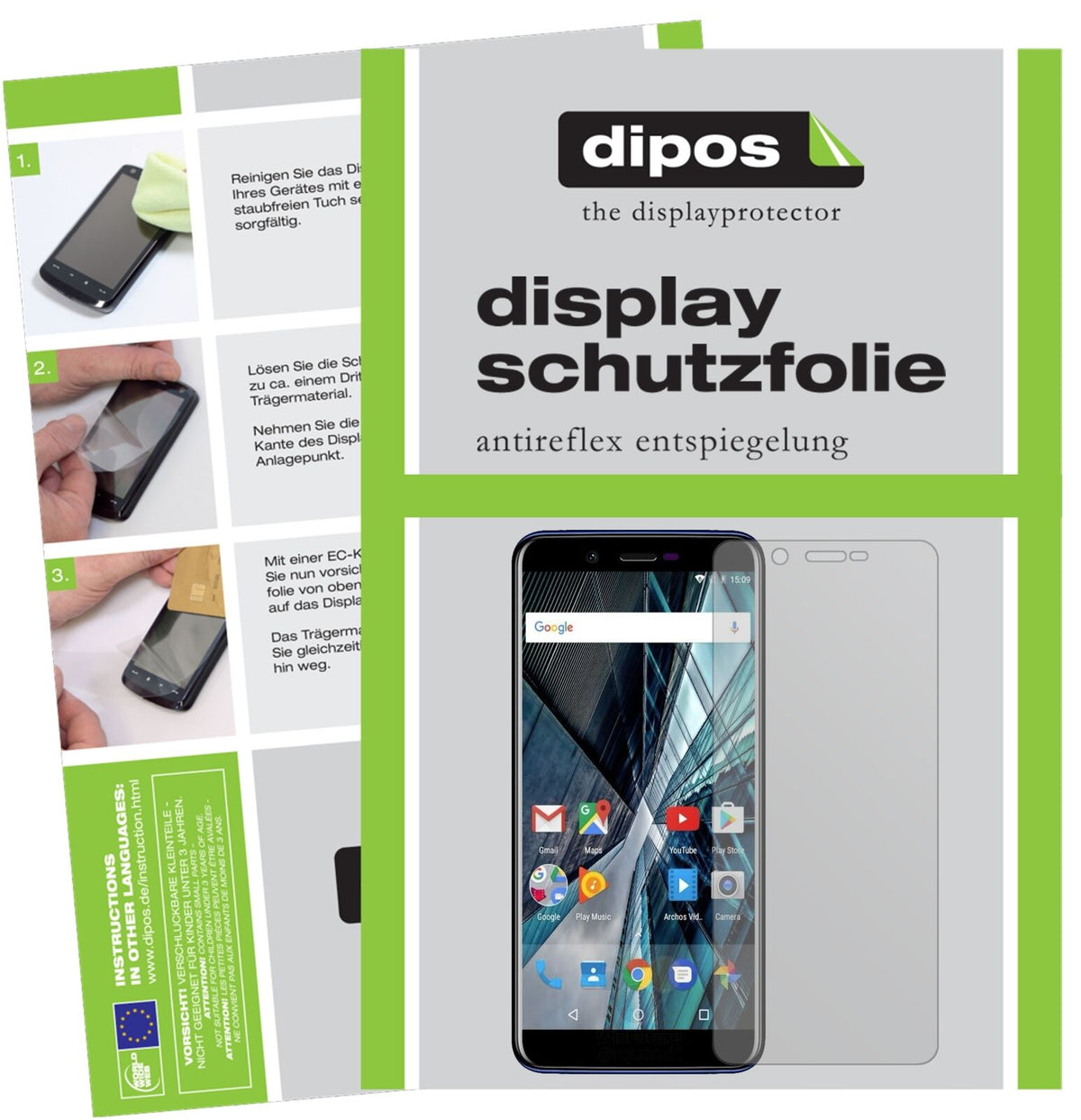 ArchosCore 57S mit aufgebrachter dipos Displayschutzfolie, die lästige Fingerabdrücke minimiert