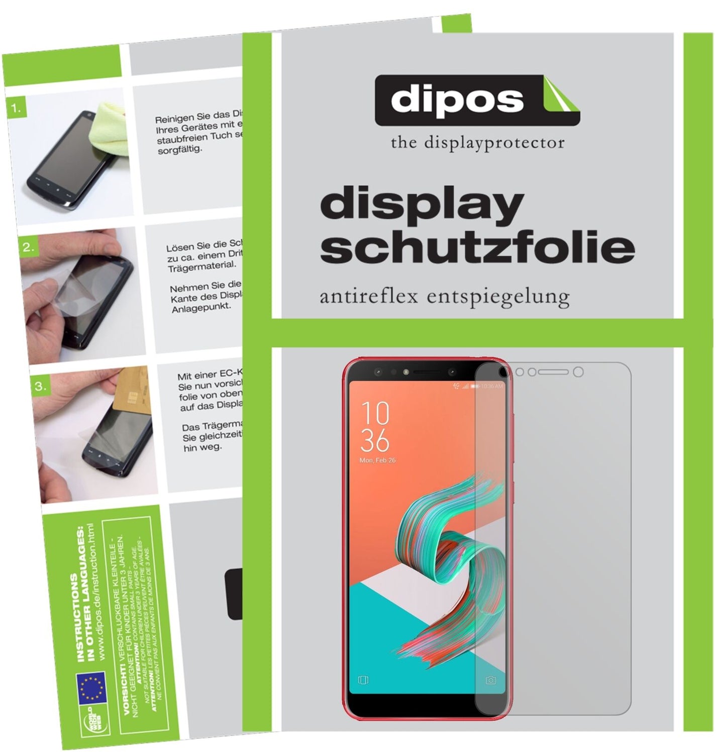AsusZenfone 5 Lite (ZC600KL) mit aufgebrachter dipos Displayschutzfolie, die lästige Fingerabdrücke minimiert