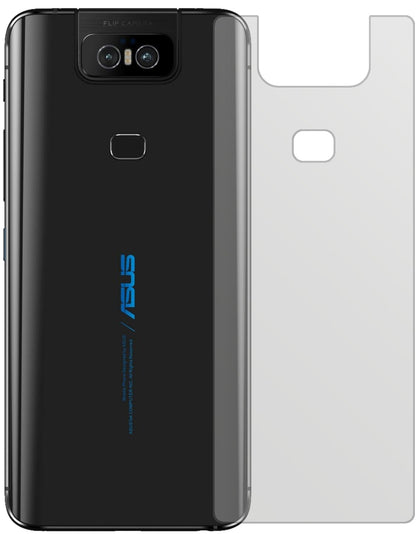 AsusZenfone 6 (ZS630KL) Rückseite mit aufgebrachter dipos Displayschutzfolie, die lästige Fingerabdrücke minimiert