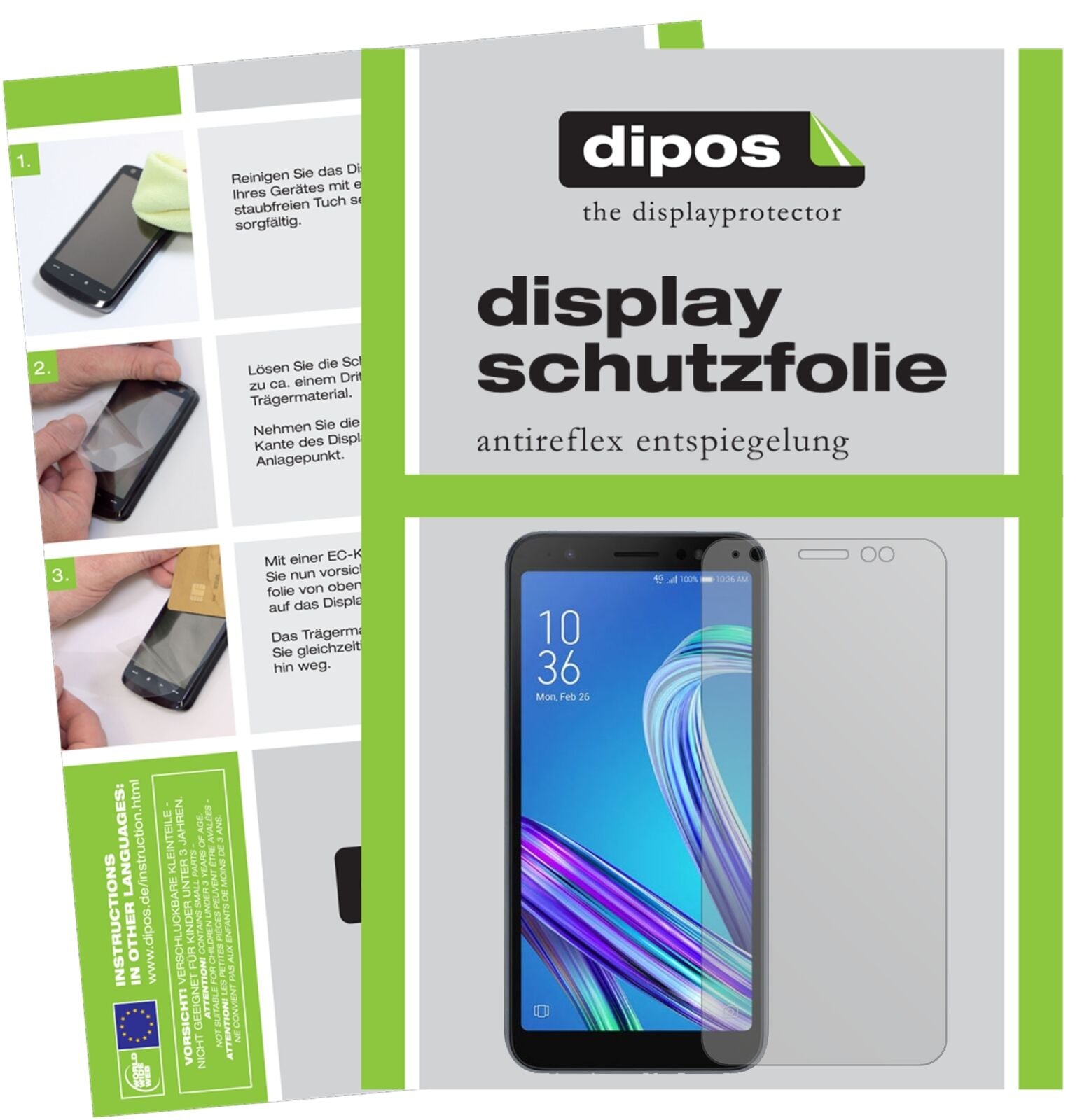 AsusZenfone Live L1 ZA550KL mit aufgebrachter dipos Displayschutzfolie, die lästige Fingerabdrücke minimiert