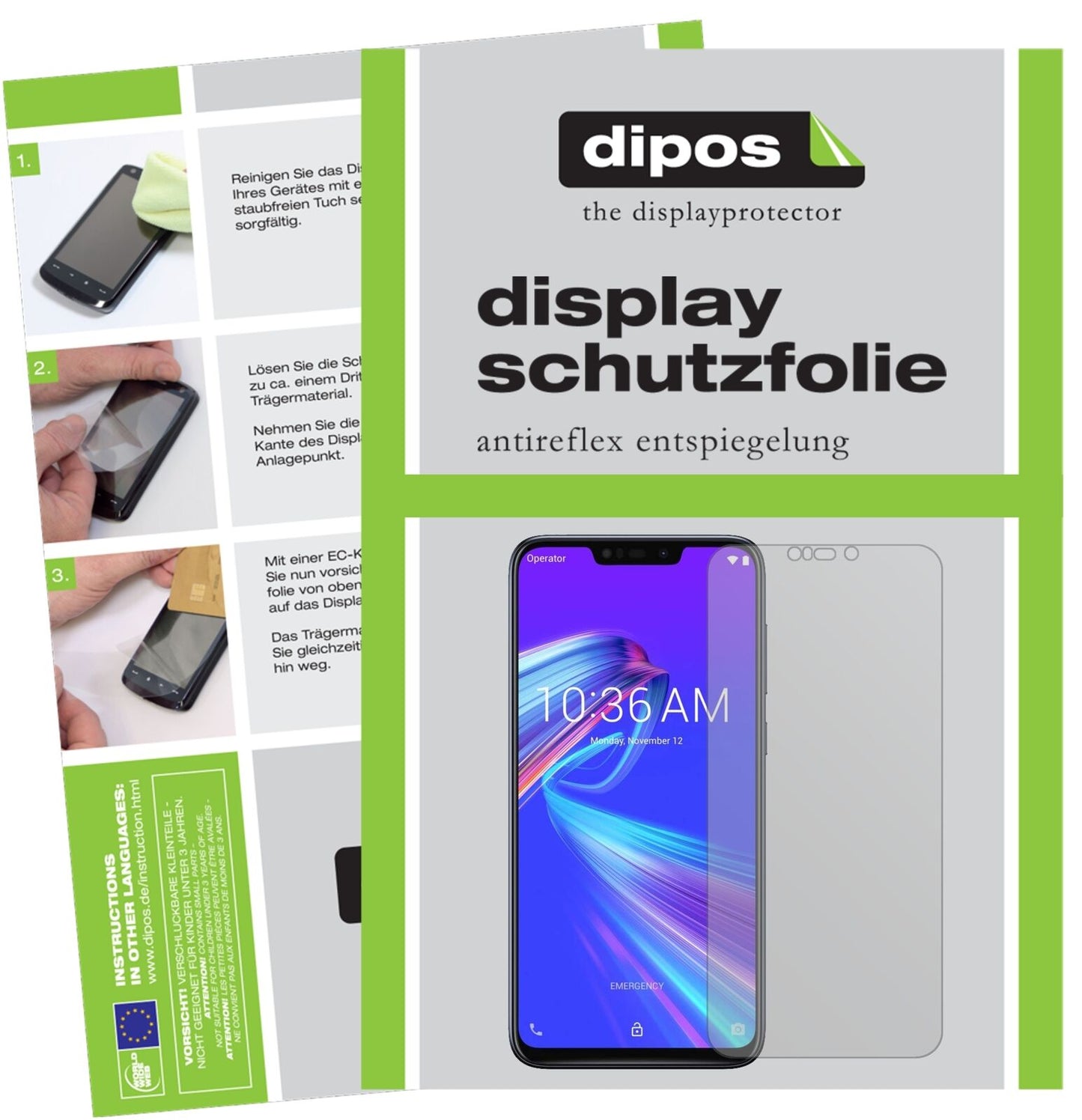 AsusZenFone Max (M2) mit aufgebrachter dipos Displayschutzfolie, die lästige Fingerabdrücke minimiert