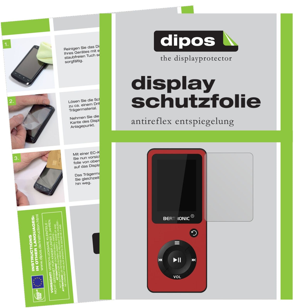 BertronicBC02 Royal MP3-Player mit aufgebrachter dipos Displayschutzfolie, die lästige Fingerabdrücke minimiert