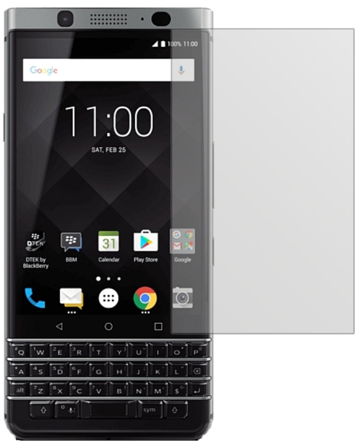 BlackberryKeyOne mit aufgebrachter dipos Displayschutzfolie, die lästige Fingerabdrücke minimiert