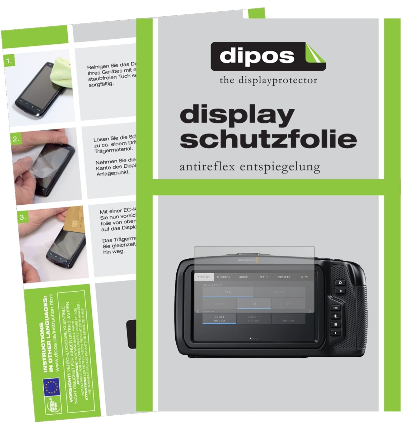 BlackmagicPocket Cinema 4K mit aufgebrachter dipos Displayschutzfolie, die lästige Fingerabdrücke minimiert