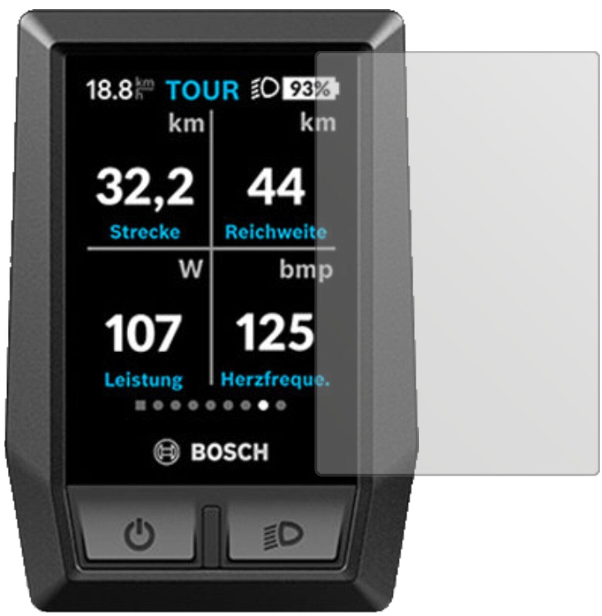 BoschKiox e-Bike Display mit aufgebrachter dipos Displayschutzfolie, die lästige Fingerabdrücke minimiert