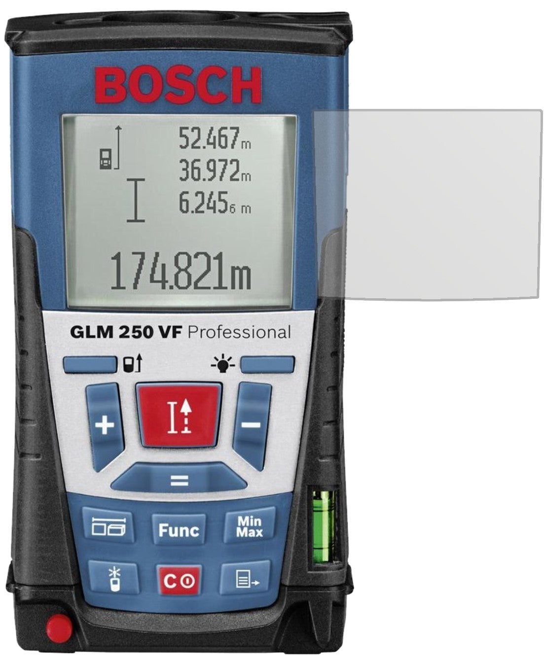 BoschProfessional GLM 250 VF mit aufgebrachter dipos Displayschutzfolie, die lästige Fingerabdrücke minimiert