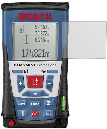 BoschProfessional GLM 250 VF mit aufgebrachter dipos Displayschutzfolie, die lästige Fingerabdrücke minimiert