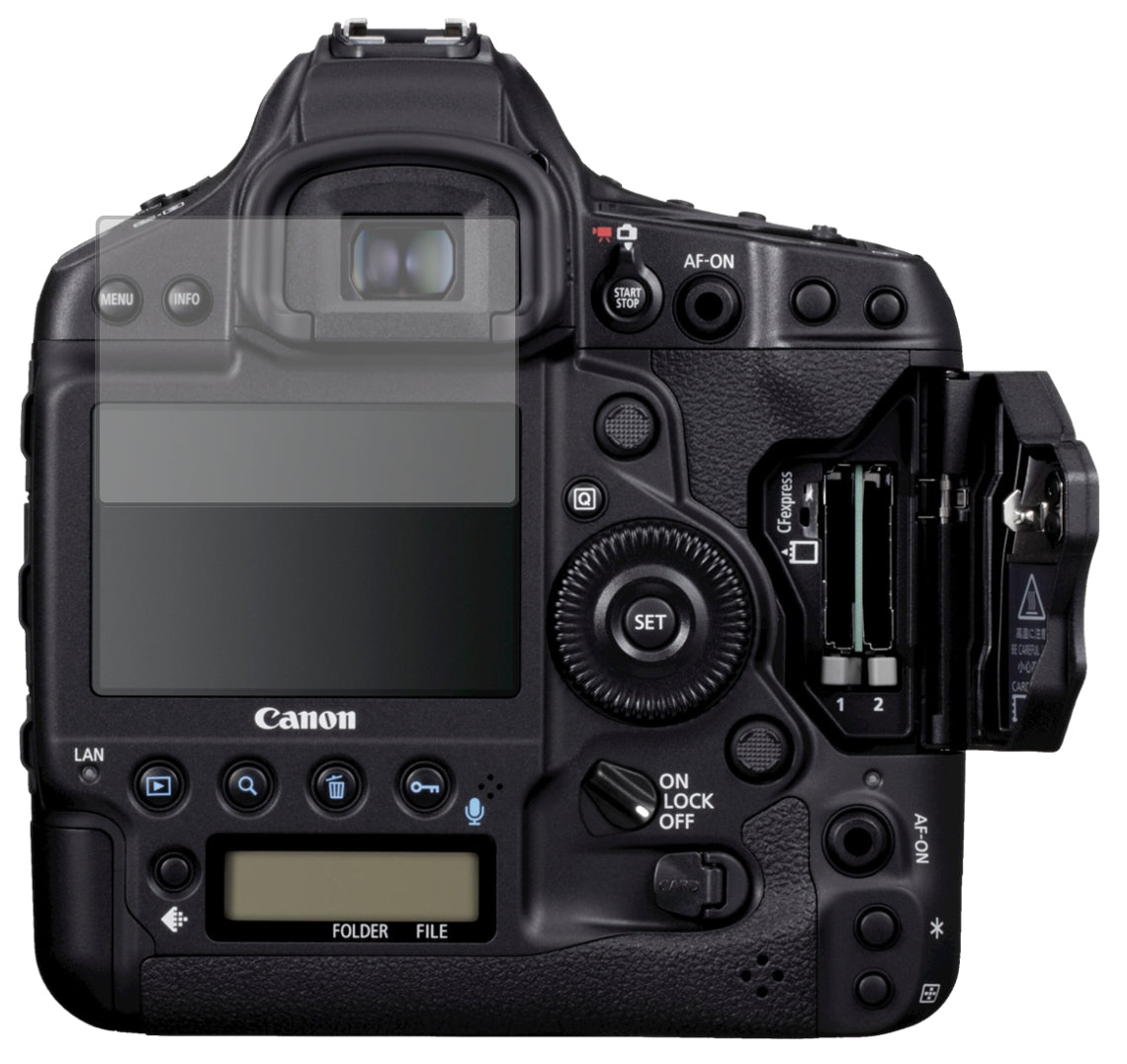 CanonEos 1DX Mark II mit aufgebrachter dipos Displayschutzfolie, die lästige Fingerabdrücke minimiert