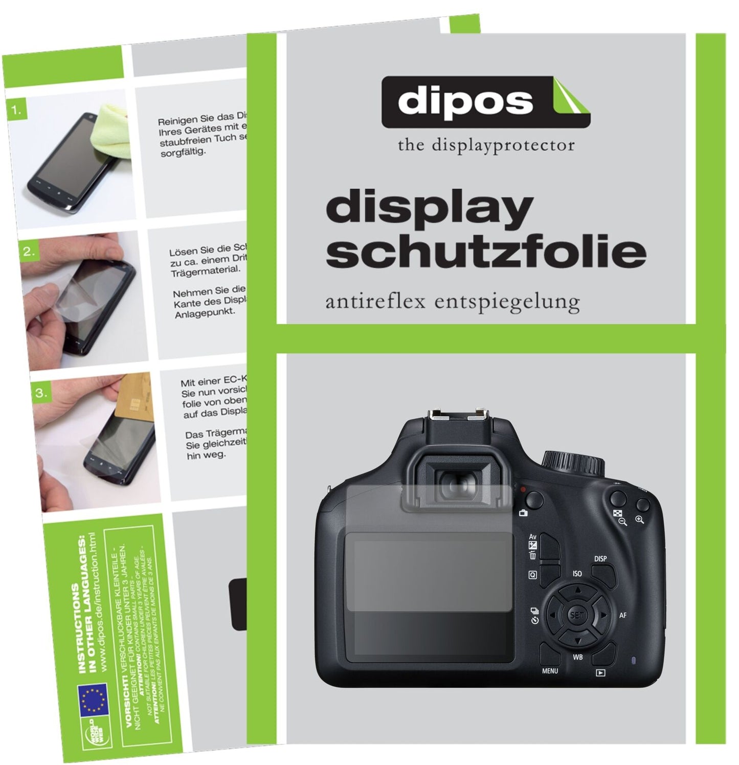 CanonEOS 4000D mit aufgebrachter dipos Displayschutzfolie, die lästige Fingerabdrücke minimiert