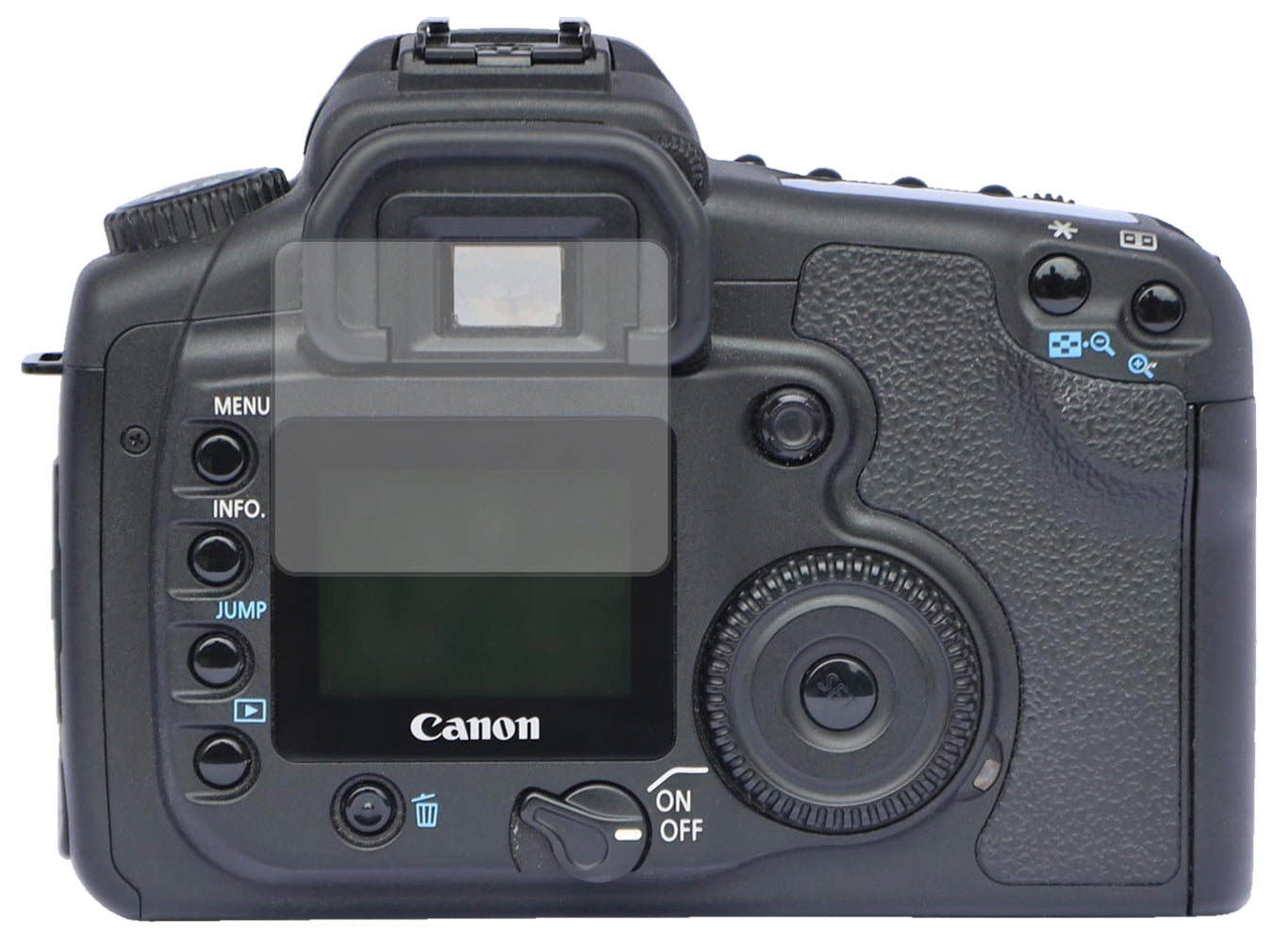 CanonEos 20D mit aufgebrachter dipos Displayschutzfolie, die lästige Fingerabdrücke minimiert