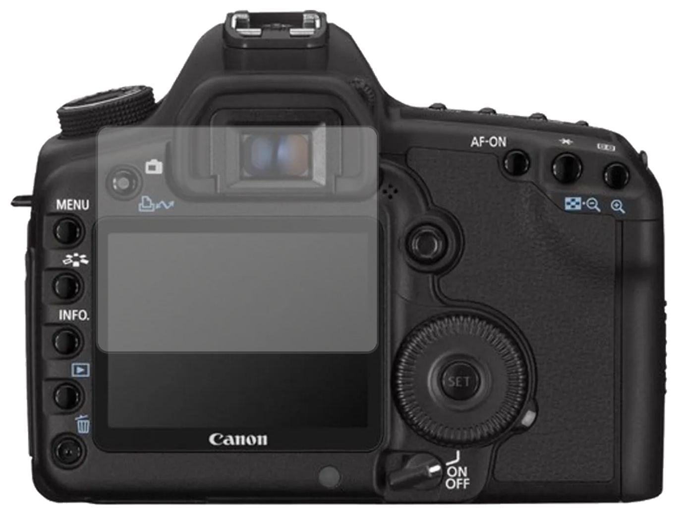 CanonEos 5D Mark II mit aufgebrachter dipos Displayschutzfolie, die lästige Fingerabdrücke minimiert