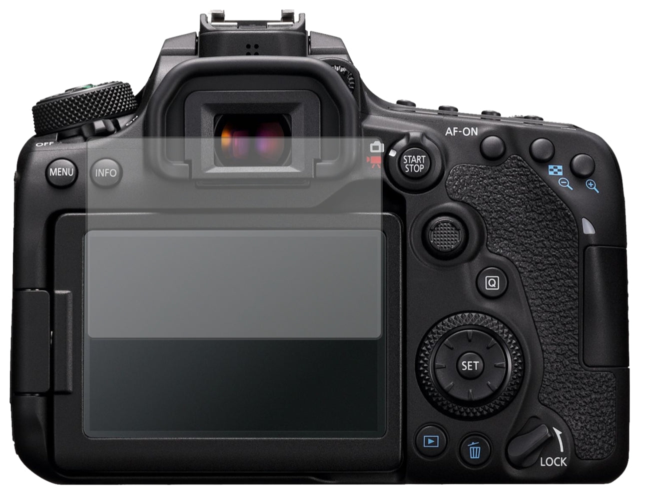 CanonEOS 90D mit aufgebrachter dipos Displayschutzfolie, die lästige Fingerabdrücke minimiert