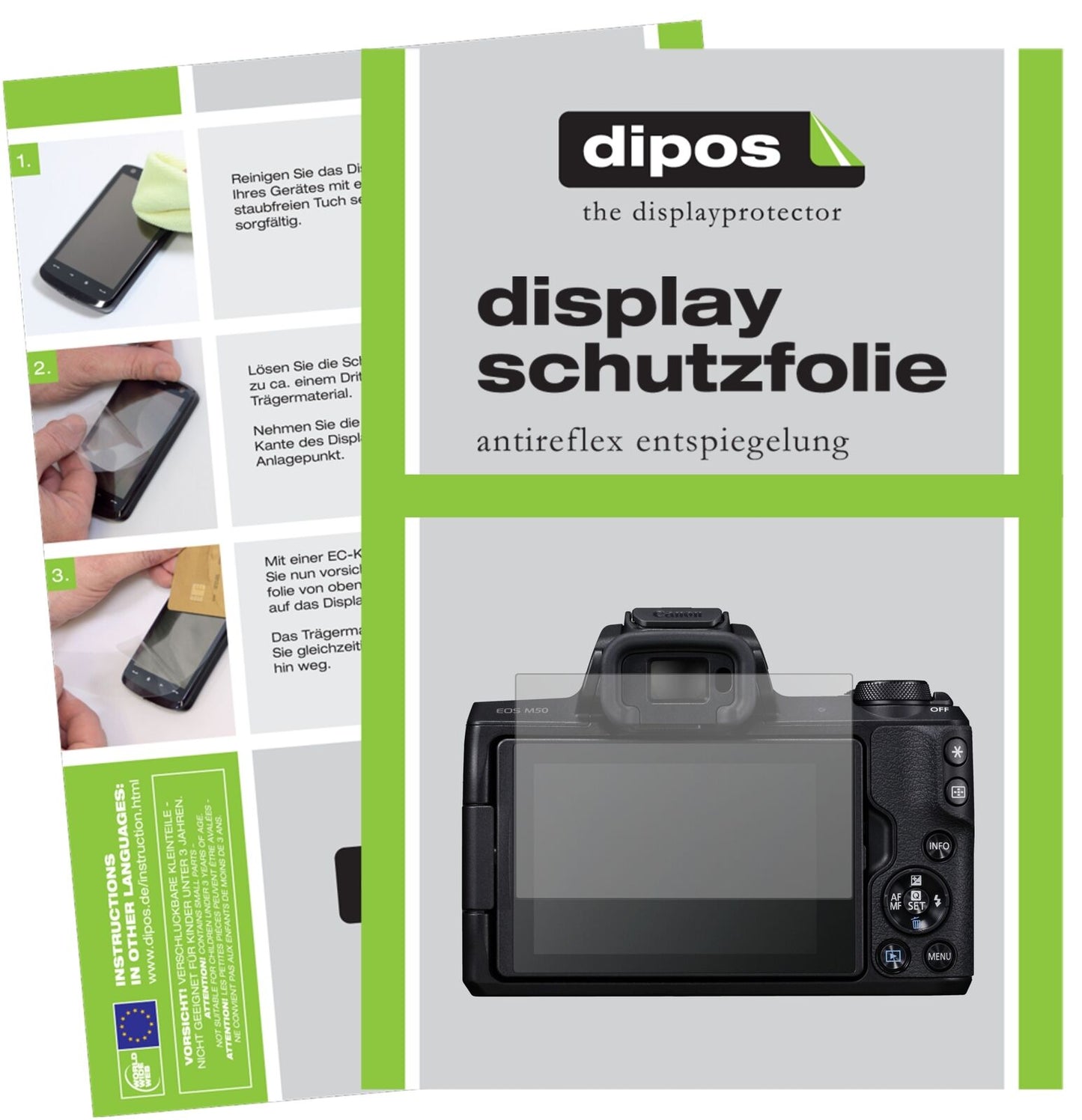 CanonEOS M50 mit aufgebrachter dipos Displayschutzfolie, die lästige Fingerabdrücke minimiert