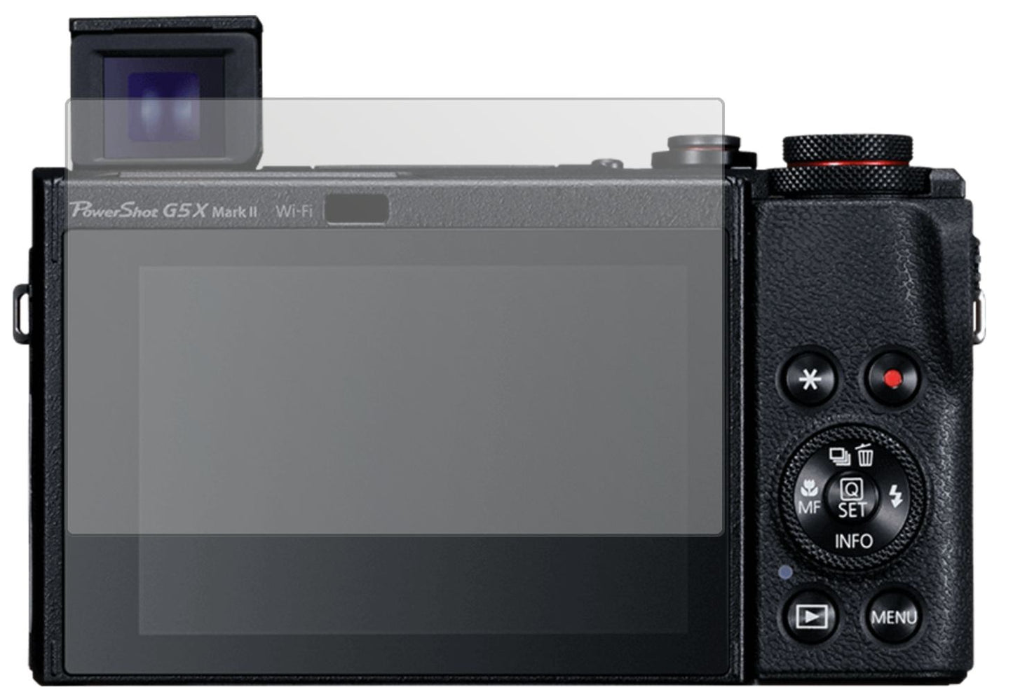 CanonPowerShot G5X Mark II mit aufgebrachter dipos Displayschutzfolie, die lästige Fingerabdrücke minimiert