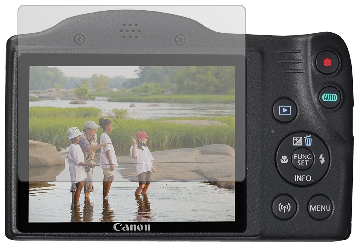 CanonPowershot SX430 IS mit aufgebrachter dipos Displayschutzfolie, die lästige Fingerabdrücke minimiert