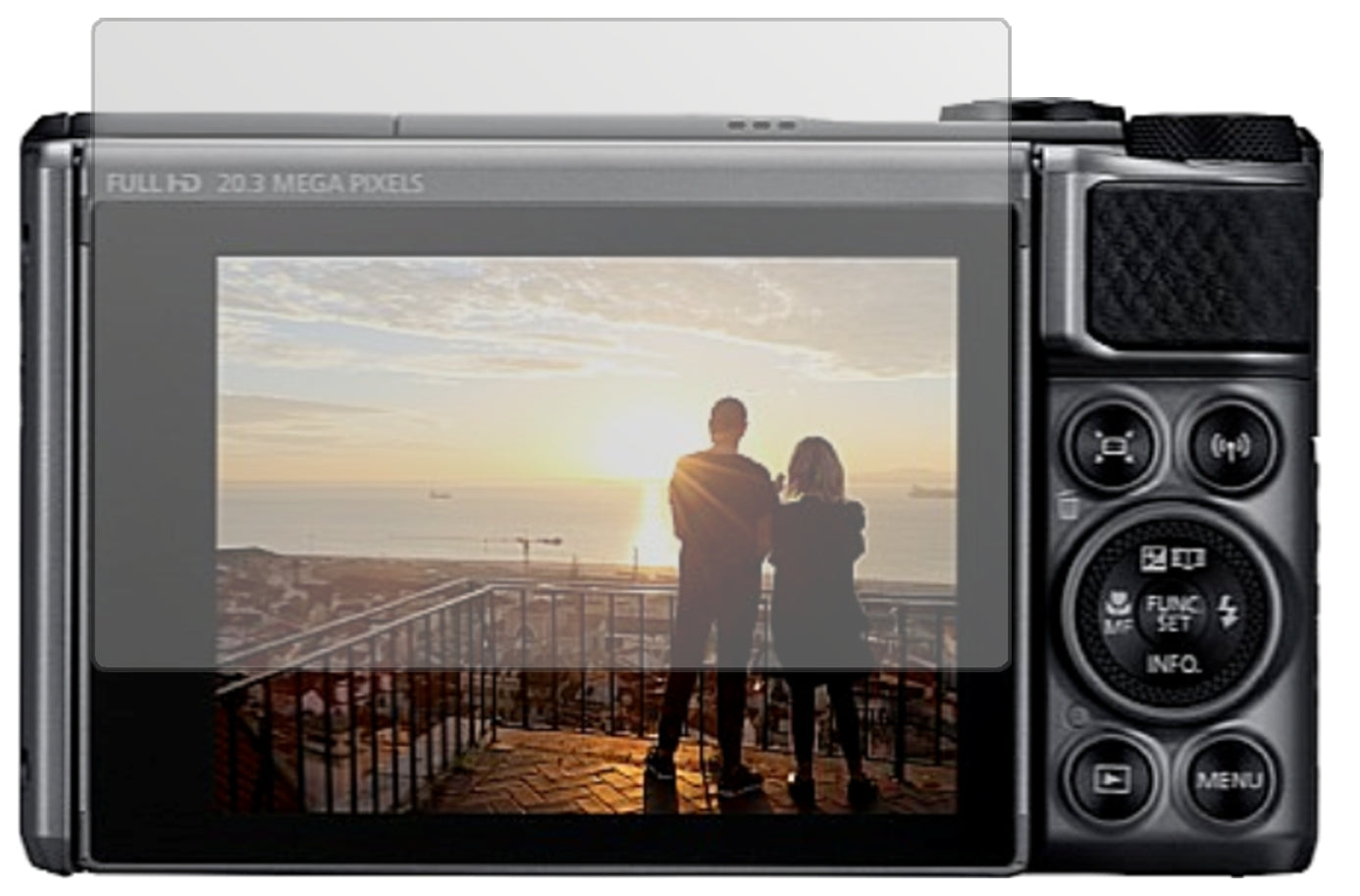 CanonPowerShot SX730 HS mit aufgebrachter dipos Displayschutzfolie, die lästige Fingerabdrücke minimiert
