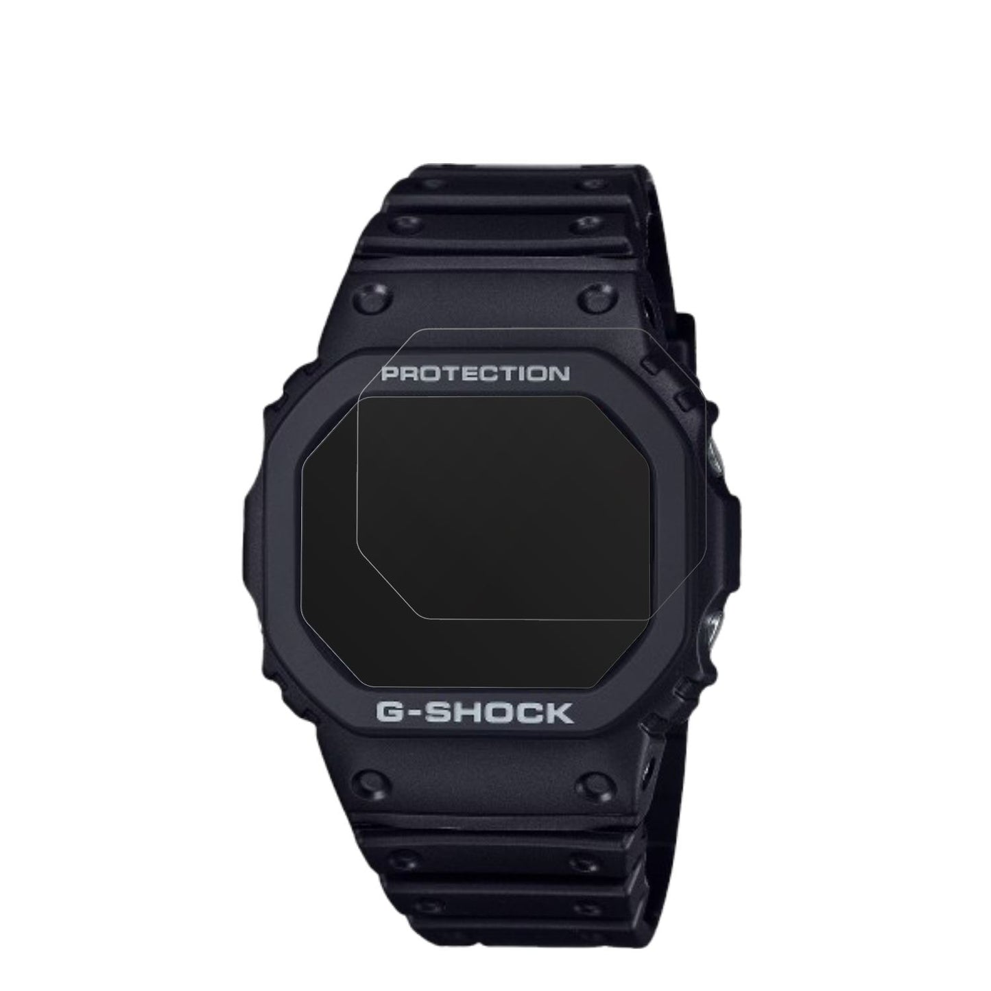 CasioG-Shock DW-5000R-1A mit aufgebrachter dipos Displayschutzfolie, die lästige Fingerabdrücke minimiert
