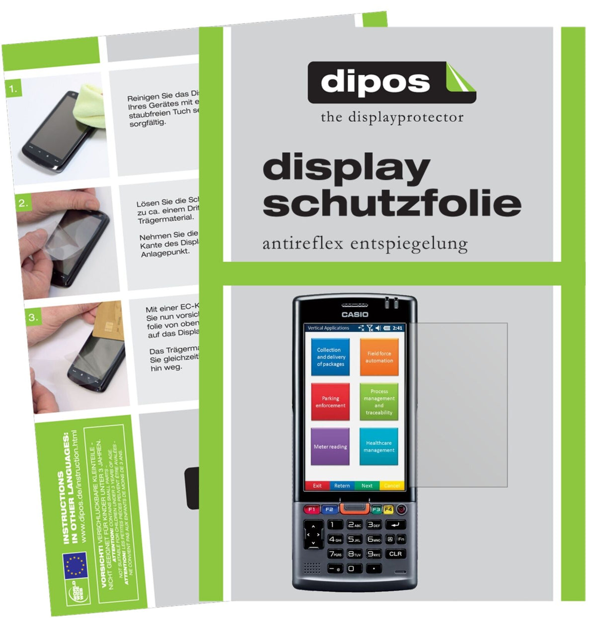 CasioIT-G500-CE mit aufgebrachter dipos Displayschutzfolie, die lästige Fingerabdrücke minimiert