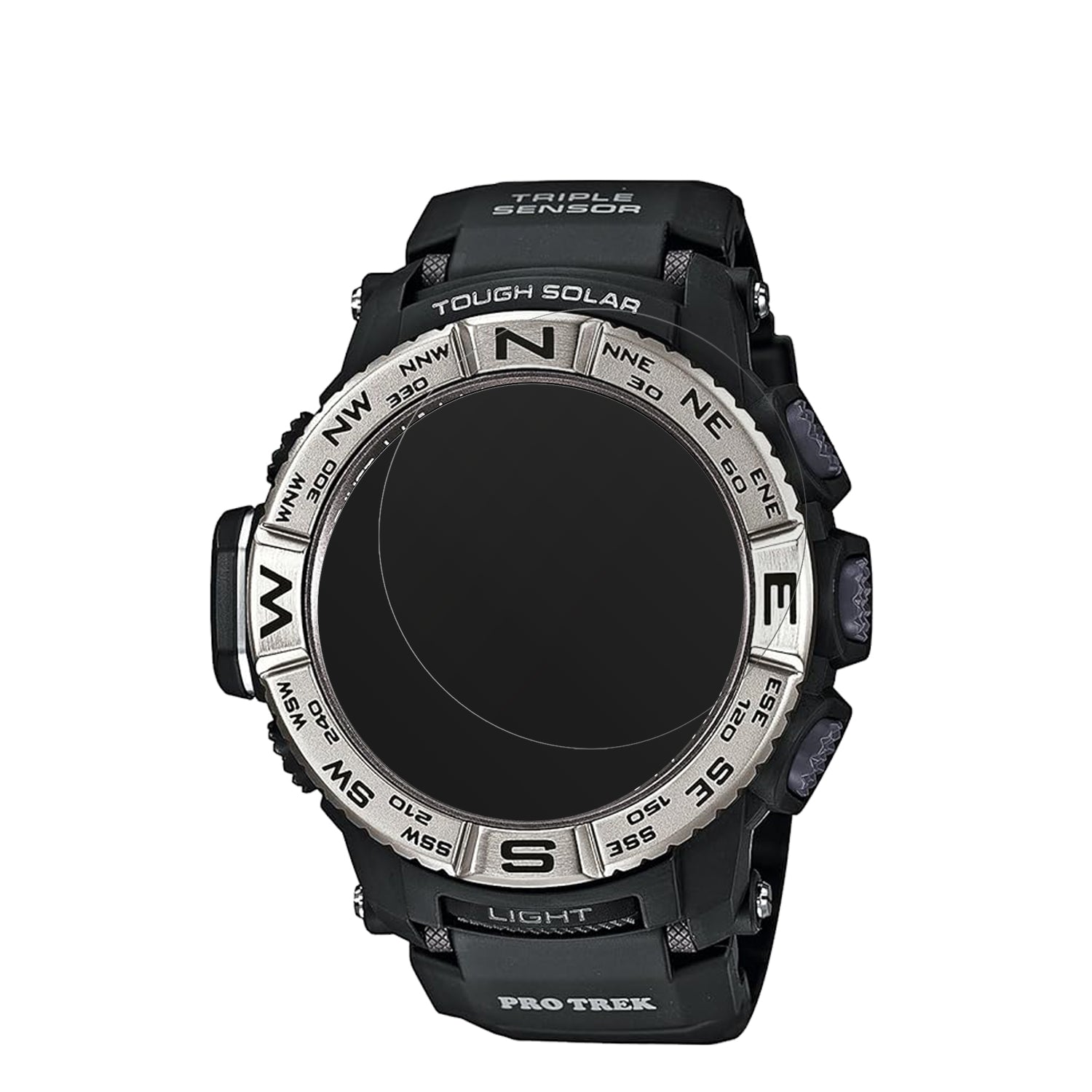 CasioPro Trek PRW-3500-1 mit aufgebrachter dipos Displayschutzfolie, die lästige Fingerabdrücke minimiert
