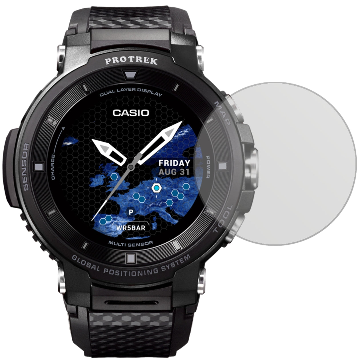 CasioPro Trek smart WSD-F30 mit aufgebrachter dipos Displayschutzfolie, die lästige Fingerabdrücke minimiert