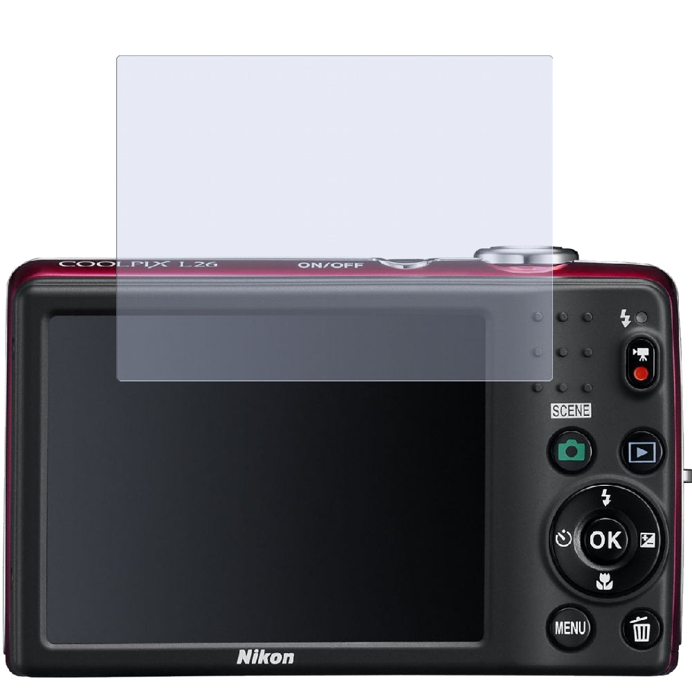 Coolpix L26Nikon mit aufgebrachter dipos Displayschutzfolie, die lästige Fingerabdrücke minimiert