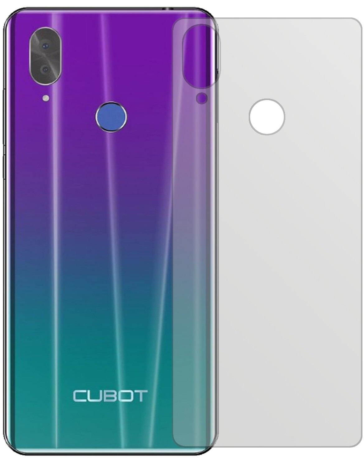 CubotX19 Rückseite mit aufgebrachter dipos Displayschutzfolie, die lästige Fingerabdrücke minimiert
