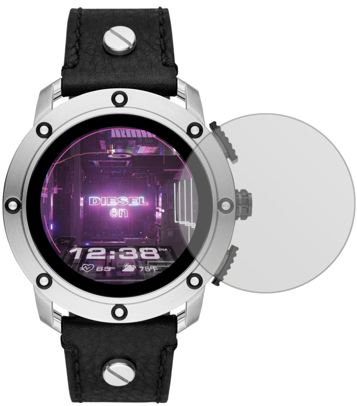 DieselOn Smartwatch Axial mit aufgebrachter dipos Displayschutzfolie, die lästige Fingerabdrücke minimiert